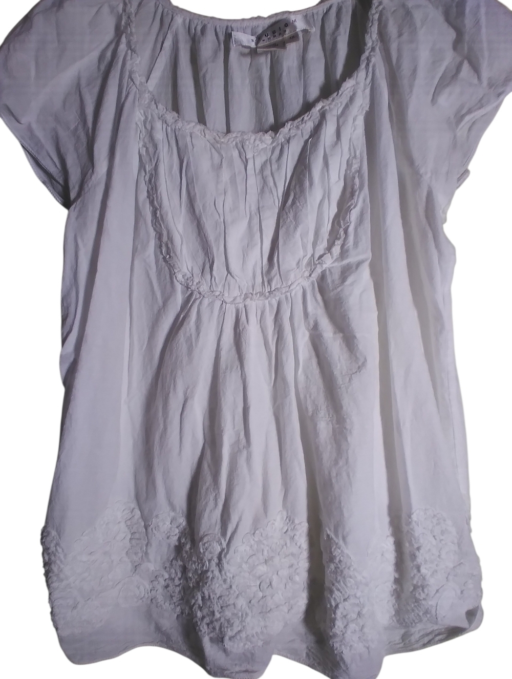 Studio M Women White Boho Top Cap Sleeves 100% Cotton Embroidery Detail Size 1x